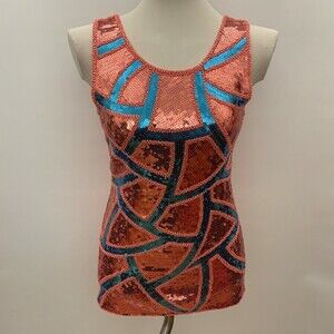 Ire Women's Top Small Pink Salmon Aqua Blue Sequins Sleeveless NWOT